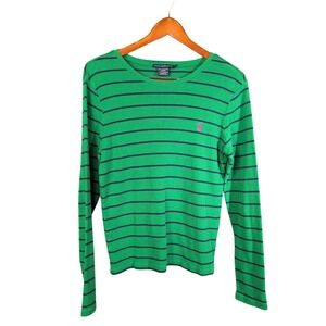 VTG Ralph Lauren Sport Girls XL Green w/ Navy Stripe Long Sleeve Tee Pink Logo